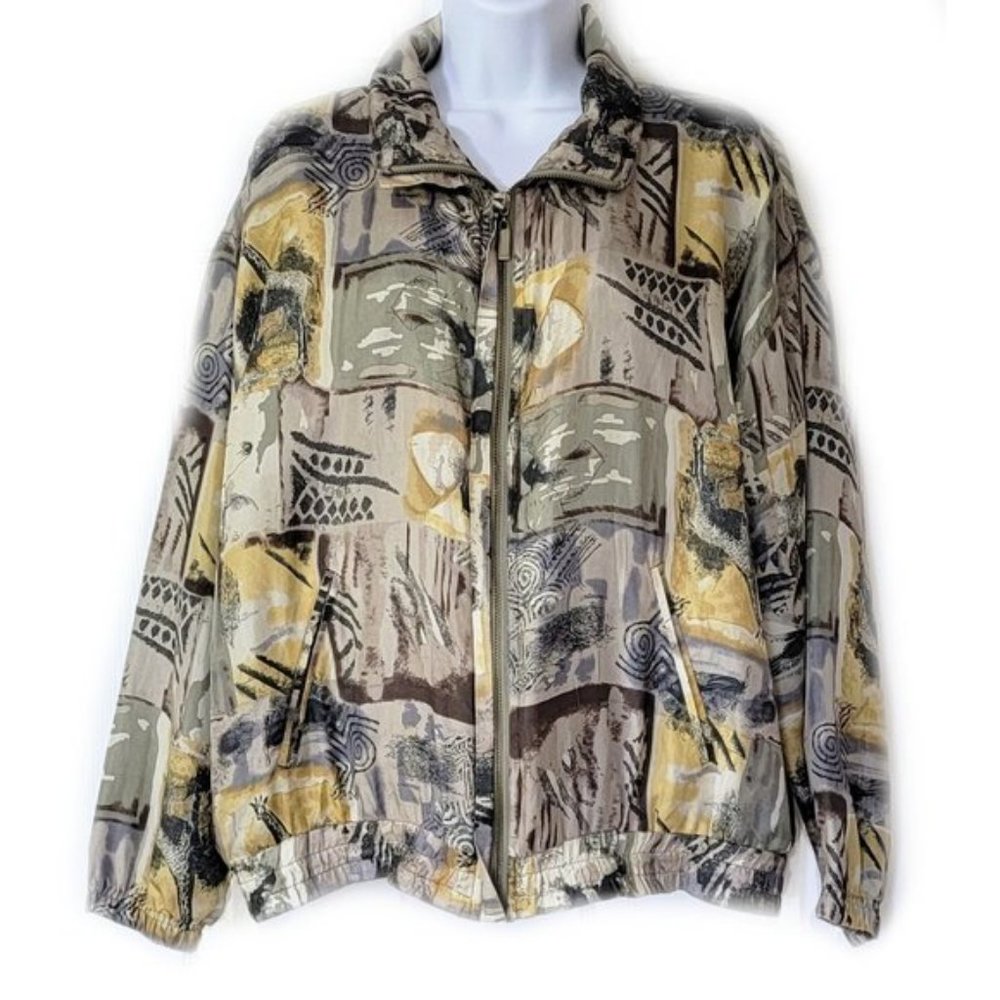 EVR Vintage 90s Silk Abstract Safari Scene Khaki Track Jacket Windbreaker